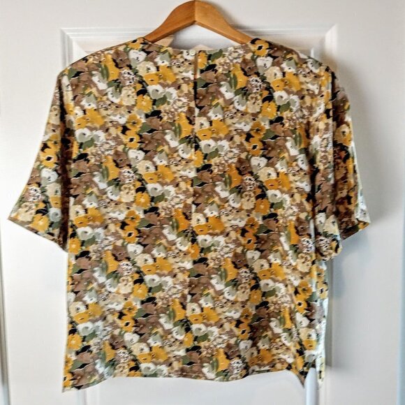 Vintage Freedberg Mustard Yellow Silk Floral SS Top - Picture 2 of 4